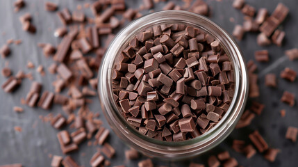 Wall Mural - Close-up of a jar filled with chocolate jimmies, with some scattered nearby