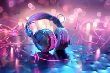 Close-up of headphones lying on a reflective surface with colorful neon musical notes and abstract lights in the background. Music and audio concept