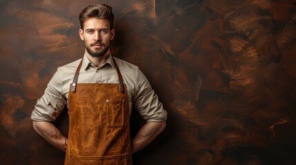 A young man in a brown apron standing confidently against a textured dark wall in a workshop setting