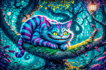 Cheshire Mysterious cat in the forest. Fantasy illustration