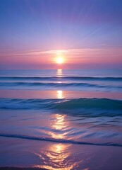 Wall Mural - A serene ocean landscape with calm, rippling waves reflecting the warm, pastel-colored sky and bright sun in the distance, vertical stories social influencer format