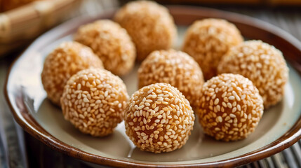 Wall Mural - Crispy sesame balls with uniform golden color on a plain plate