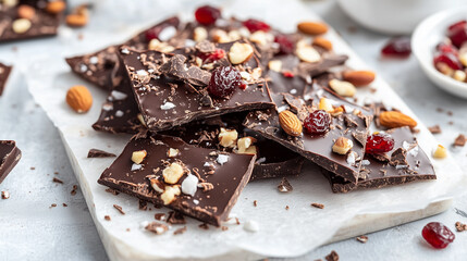 Pieces of dairy-free chocolate bark with nuts and dried fruits on a parchment-covered board