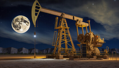 Oil pumpjack on oil wells in night sandy desert