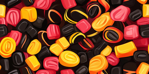 Assorted licorice, from classic black to bright, fruity colors, each piece smooth and shiny, seamless pattern