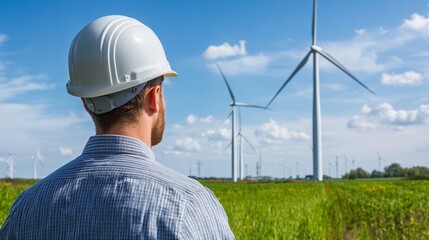 Engineer wearing a hard hat in front of a wind farm