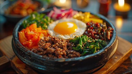 Wall Mural - Korean bibimbap with egg yolk - generative ai