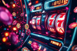© Prasanth - casino slot machine display with spinning reels and flying coins in a neon light setting