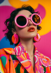 Wall Mural - a vibrant, colorful fashion editorial featuring a model wearing bold sunglasses and oversized in sha