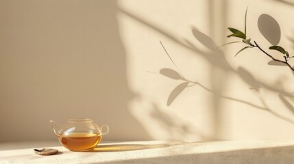   A glass teapot holding tea sits beside a leafy plant shadow on a wall