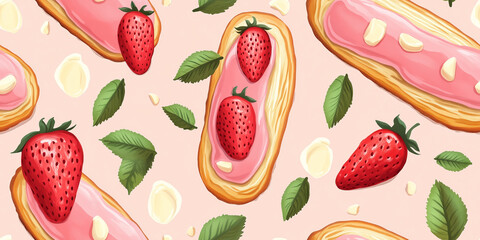 Poster - Strawberry eclairs with pink glaze and white chocolate shavings, surrounded by small green leaves, seamless pattern