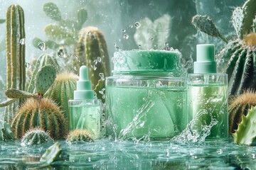 The concept of cosmetics for skin made of cactus and aloe gel in blue and green. Advertising of face and body care products. Transparent jars with gel and drops of water.