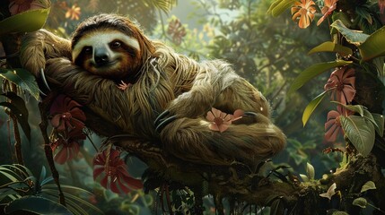 Wall Mural -   Sloth on tree branch in lush jungle surrounded by vibrant flora