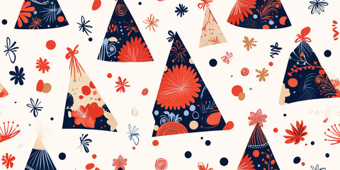 Wall Mural - Party hats with swirls, dots, and floral motifs, seamless pattern