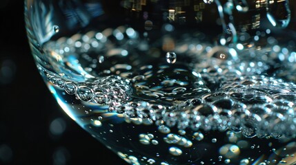 Poster -   A close-up of a glass with bubbles on its bottom and a building in the background