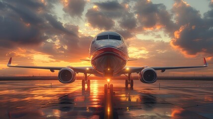 Airplane in the airport at sunset.