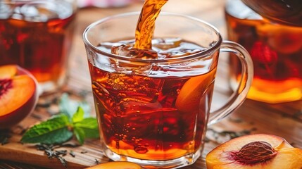 Sticker -   Pitcher pouring tea into a mug filled with peaches on a cutting board