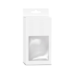 Wall Mural - blank white paper box with clear plastic window and euro slot. realistic 3d vector mock-up. cardboar