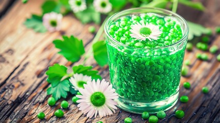 Poster -   A glass containing green and white beads rests beside a bouquet of green and white blossoms on a wooden surface