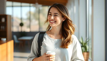 Smiling lady walking morning interior vertical closeup. Relaxed girl holding cup isolated with white highlights, png