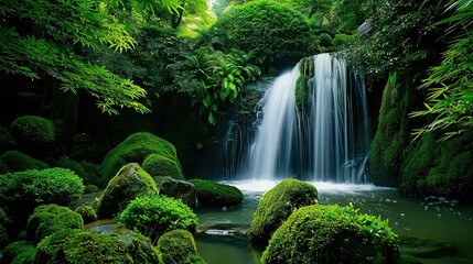 Poster -   Waterfall surrounded by mossy rocks, with a foreground pool of water