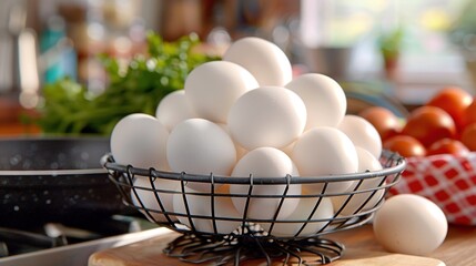 Poster -   A wooden cutting board with a bowl of eggs, tomatoes, and a knife next to it