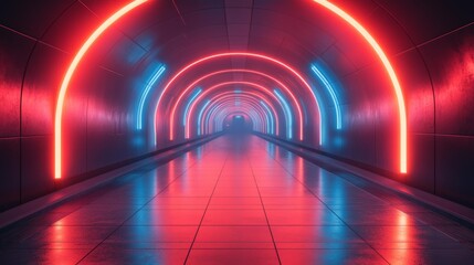 Wall Mural - Futuristic neon lit tunnel - generative ai