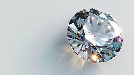 Wall Mural -   A close-up of a diamond glistening on a white background as sunlight passes through its center, illuminating the side