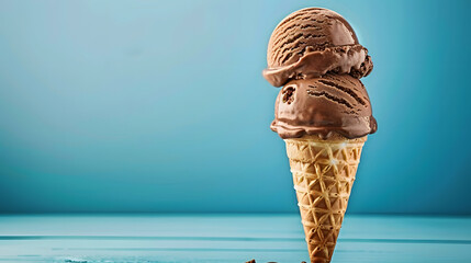 Two scoops of Chocolate ice cream on top ice cream cone blue background isolated, Chocolate, background, cream, cone, blue