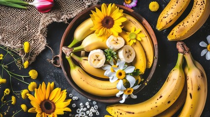 Poster -   A cluster of bananas resting atop a table beside an array of blossoms