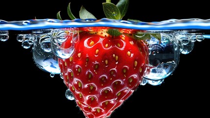 Poster -   Strawberry underwater, splashed, green leaf