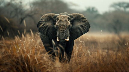 Poster -   An elephant with tusks strolls through a field of tall blades while trees loom in the misty distance