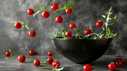 Poster -   Bowl with red tomatoes on gray table surrounded by green leaves