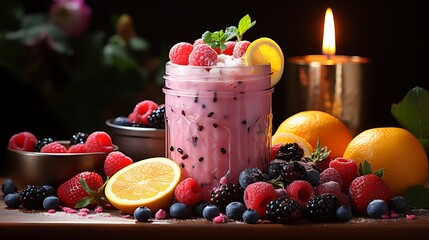 A glass of falooda drink with a lemon slice and berries on a table food photography AI Generated