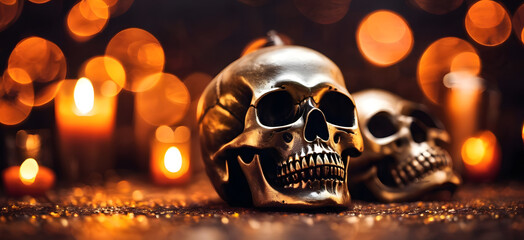 Wall Mural - halloween skull banner background with bokeh 