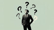 © Roxy jr. - Minimalist retro collage of a black-and-white photograph of a man in a suit against a green background, surrounded by arrows and question marks. Concept of doubt and choice.