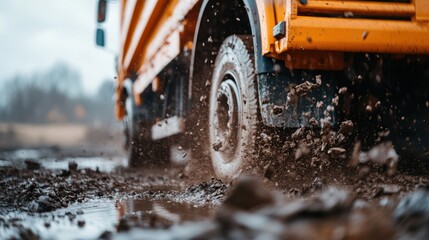 A truck is shown driving through muddy terrain on a rainy day, capturing the challenges faced in transportation and construction work due to adverse weather conditions.