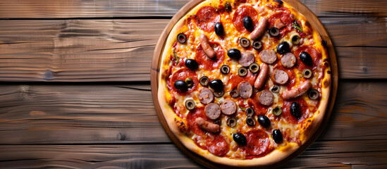 Wall Mural - Top view of a delicious pizza topped with olives and sausages on a wooden table with copy space image.