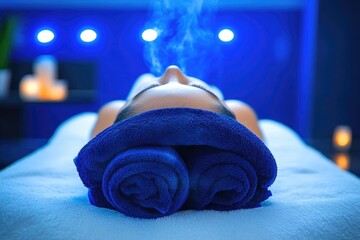 Wall Mural - Serene Spa Therapy Relaxation - Woman Enjoying Steam Treatment in Blue Lit Wellness Center