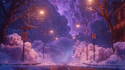 Poster -   A winter-themed image depicting a city street adorned in snow, illuminated by streetlights overhead