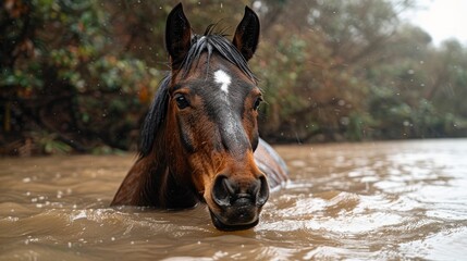 Tranquil morning scene  horse in pond, owner s careful gaze, sunlight filtering through trees