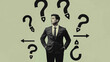 © Roxy jr. - Minimalist retro collage of a black-and-white photograph of a man in a suit against a green background, surrounded by arrows and question marks. Concept of doubt and choice.