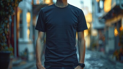 man standing confidently in a quiet city street during twilight hour