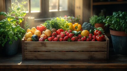 Wall Mural - Fresh organic produce in wooden crate - generative ai