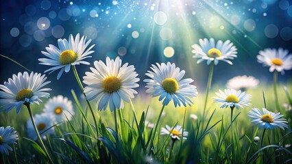 A vibrant display of blooming daisies captures the essence of spring with warm sunlight and a soft blue background in nature's serene landscape. Generative AI