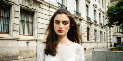 A young woman with long hair stands confidently on a city street, showcasing urban fashion against a historical building backdrop in daylight. Generative AI