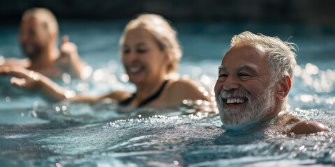 Wall Mural - A man and a woman are swimming in a pool and smiling. The man is wearing a beard and the woman is wearing a black swimsuit