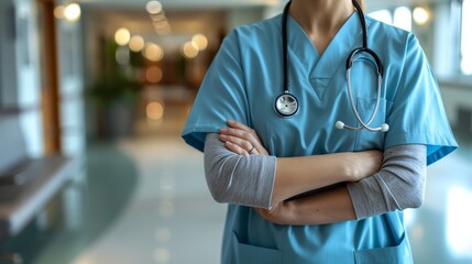 Healthcare professional in scrubs standing confidently in a hospital corridor with arms crossed during a busy day