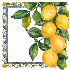 Wall Mural - watercolor Sicilian tiles and lemon and sea, watercolor seamless pattern with lemons and blue patterns. vintage,Mediterranean Italian tile with blue ornament, plants and basil leaves and yellow lemons