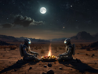 Wall Mural - Realistic scene: humanoids picnicking on a barren planet with a dark, alien sky.